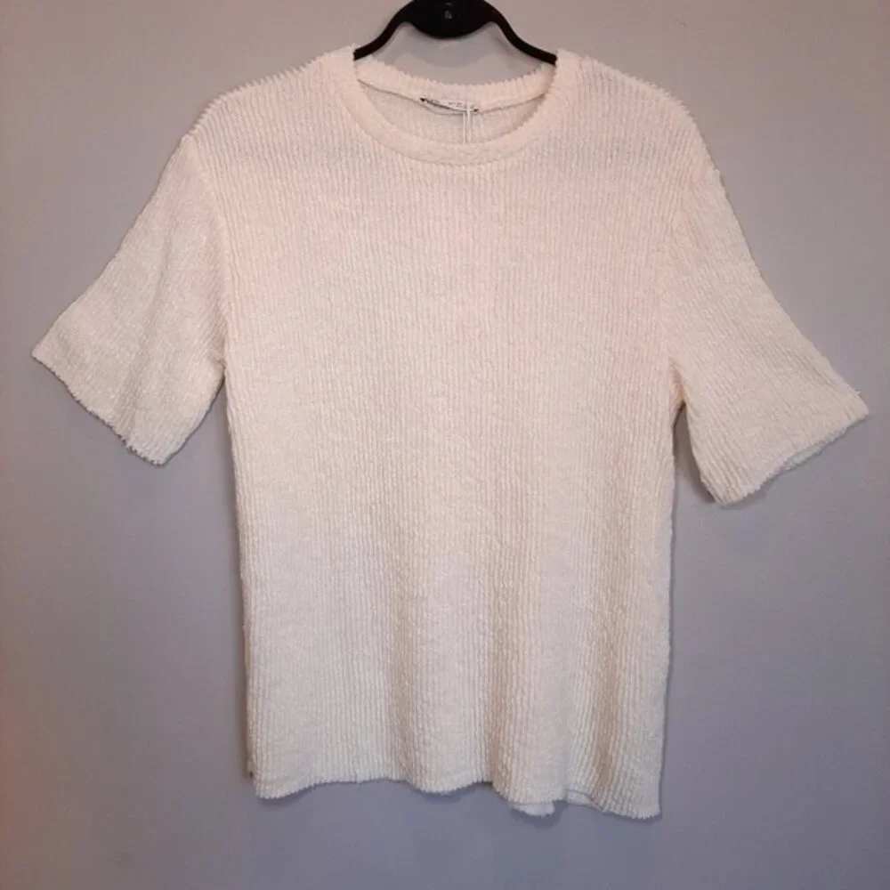 NEW Zara Oversized Ribbed Knit Short Sleeve Sweater Raw Hem Slouched Ivory - Picture 9 of 13
